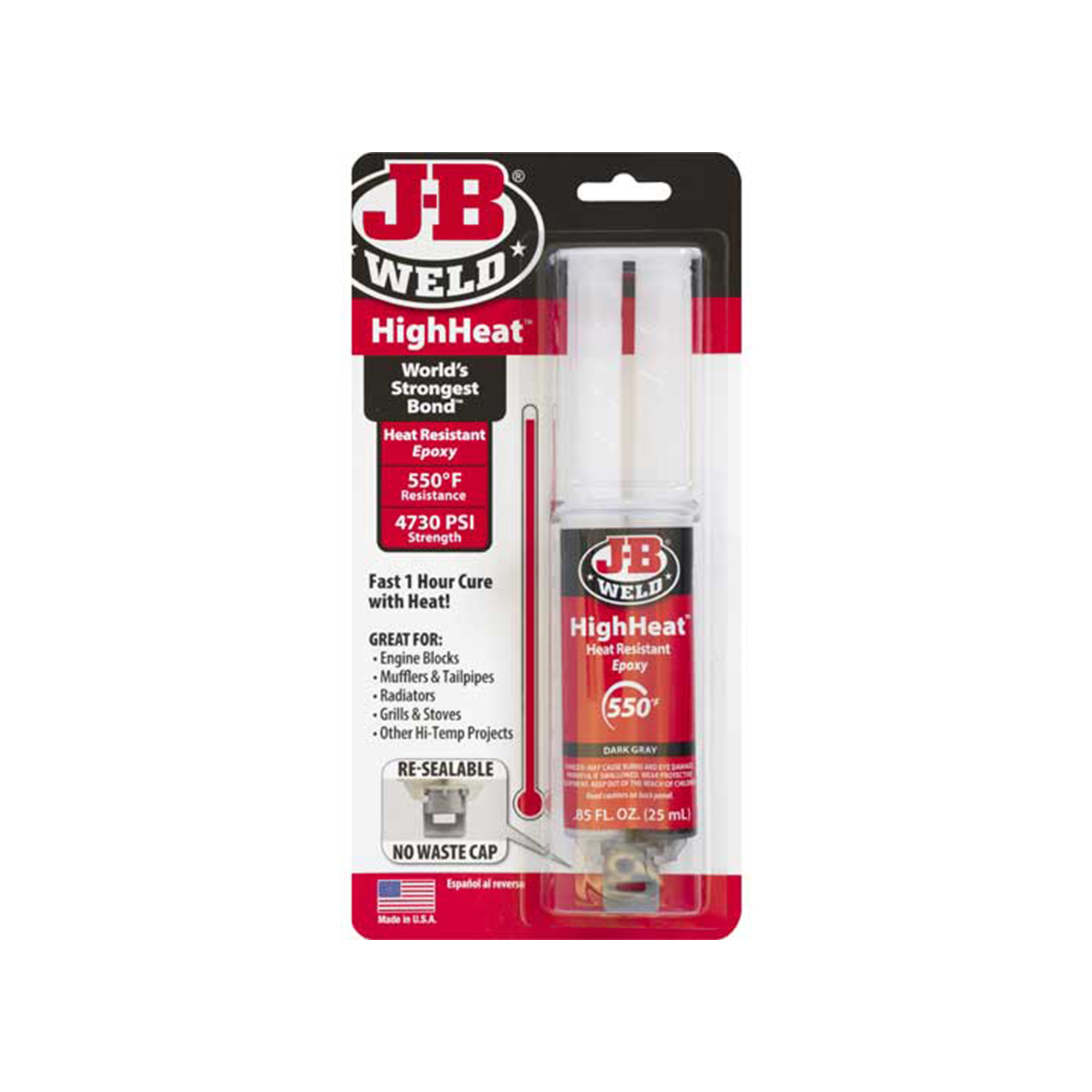 JB Weld HighHeat Epoxy — 25ml Syringe, Heat Resistant to 550°F, 4730 PSI Strength, Model# JBW50197